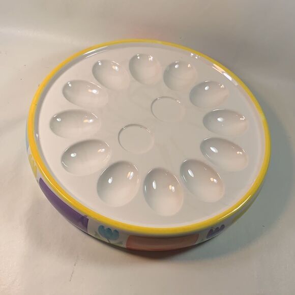 Easter Bunny Devil Egg Serving Tray Spring Flower Vintage Holiday Yellow Purple - Picture 3 of 7